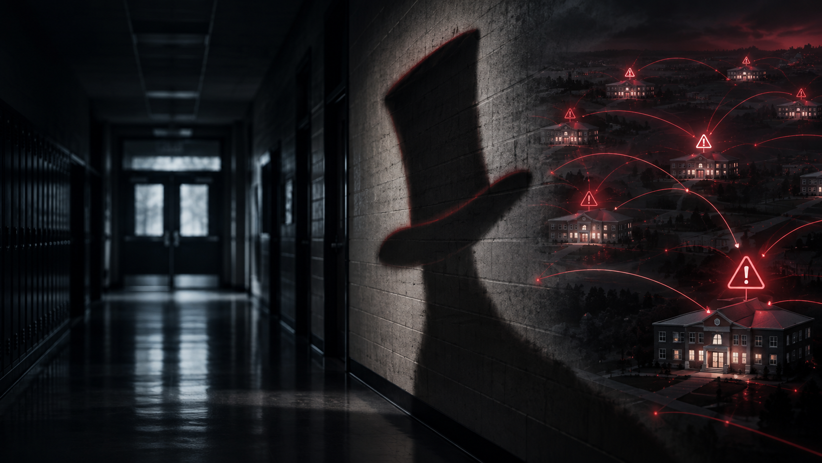 Editorial illustration of a tall-hat shadow in a school hallway with connected school alerts
